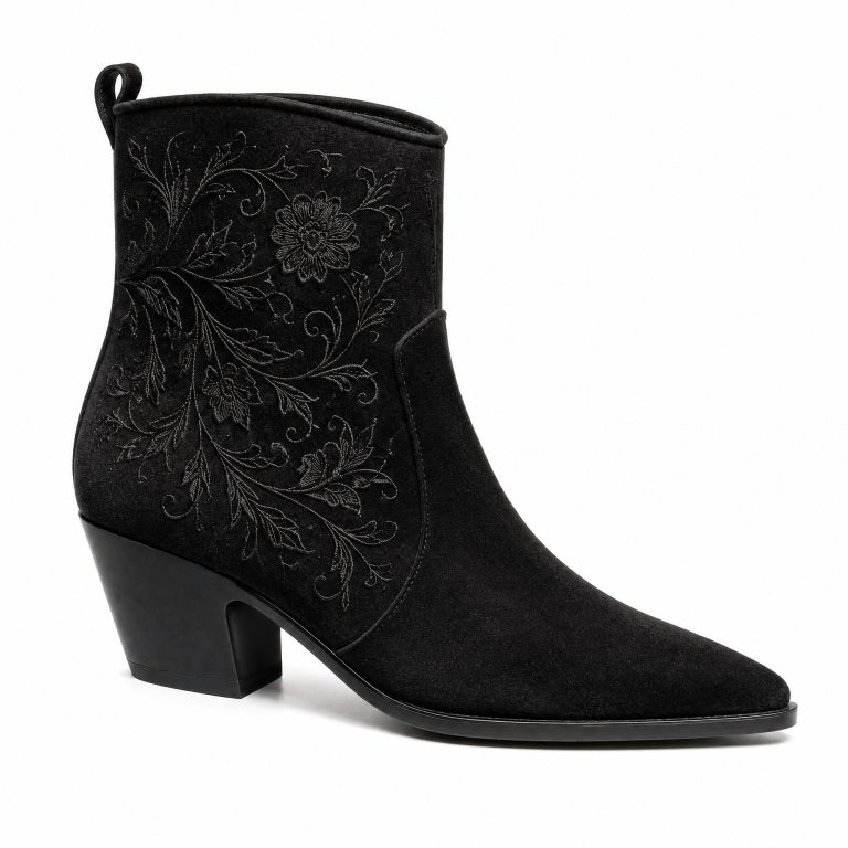 The Western Embroidered — Black Suede Western Ankle Boot