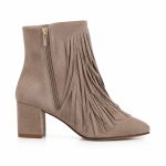 The Fringe Ankle Boot — Taupe Suede Fringe Block-Heel Boot