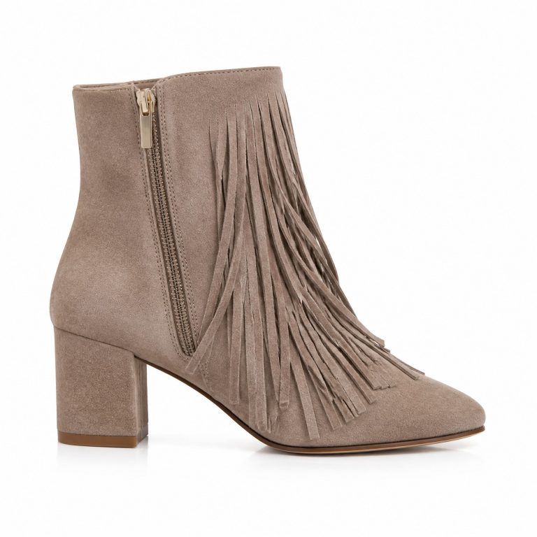 The Fringe Ankle Boot — Taupe Suede Fringe Block-Heel Boot