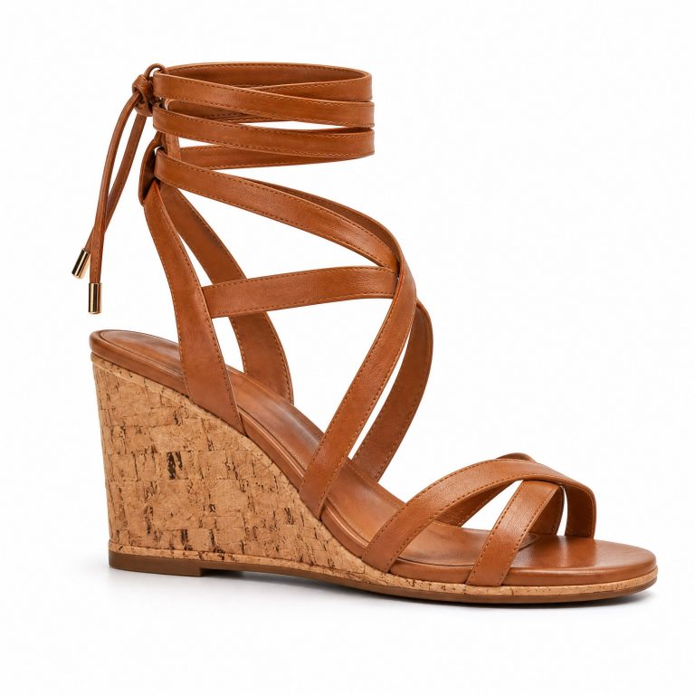 The Ankle-Wrap Wedge in Tan Italian Leather
